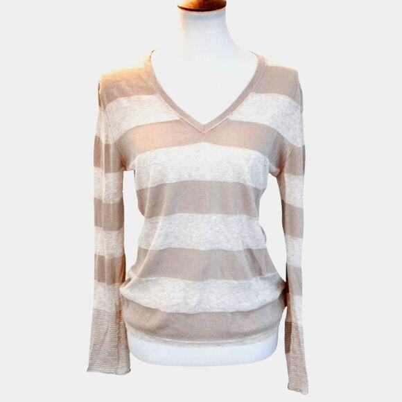 360 Sweater Semi Sheer 100% Cotton Beige Stripe Sweater, Small - Picture 1 of 5